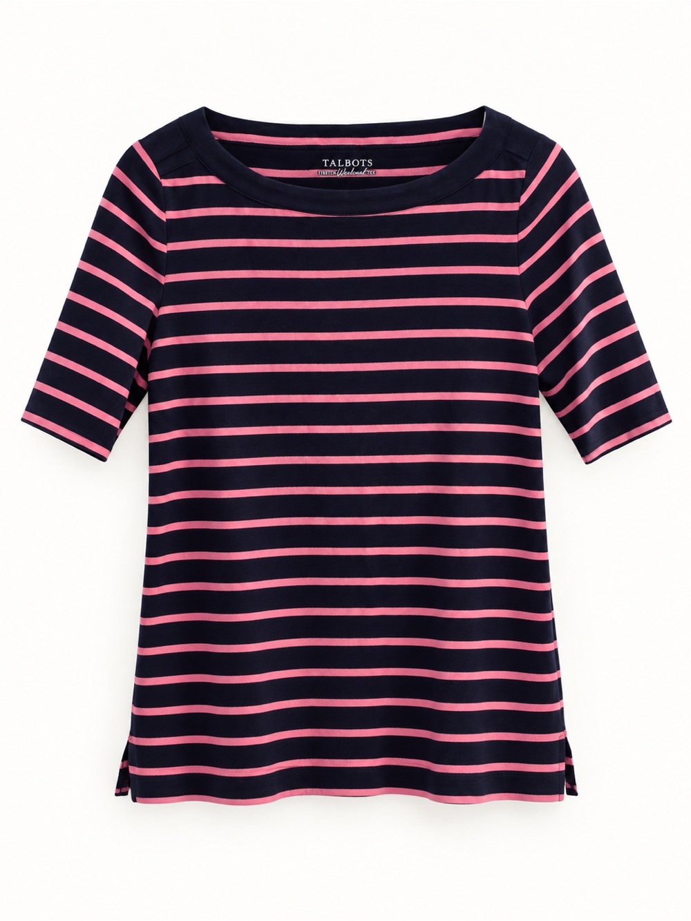 Talbots Navy & Pink Striped Boatneck Stretch Weekend Tee | Small
